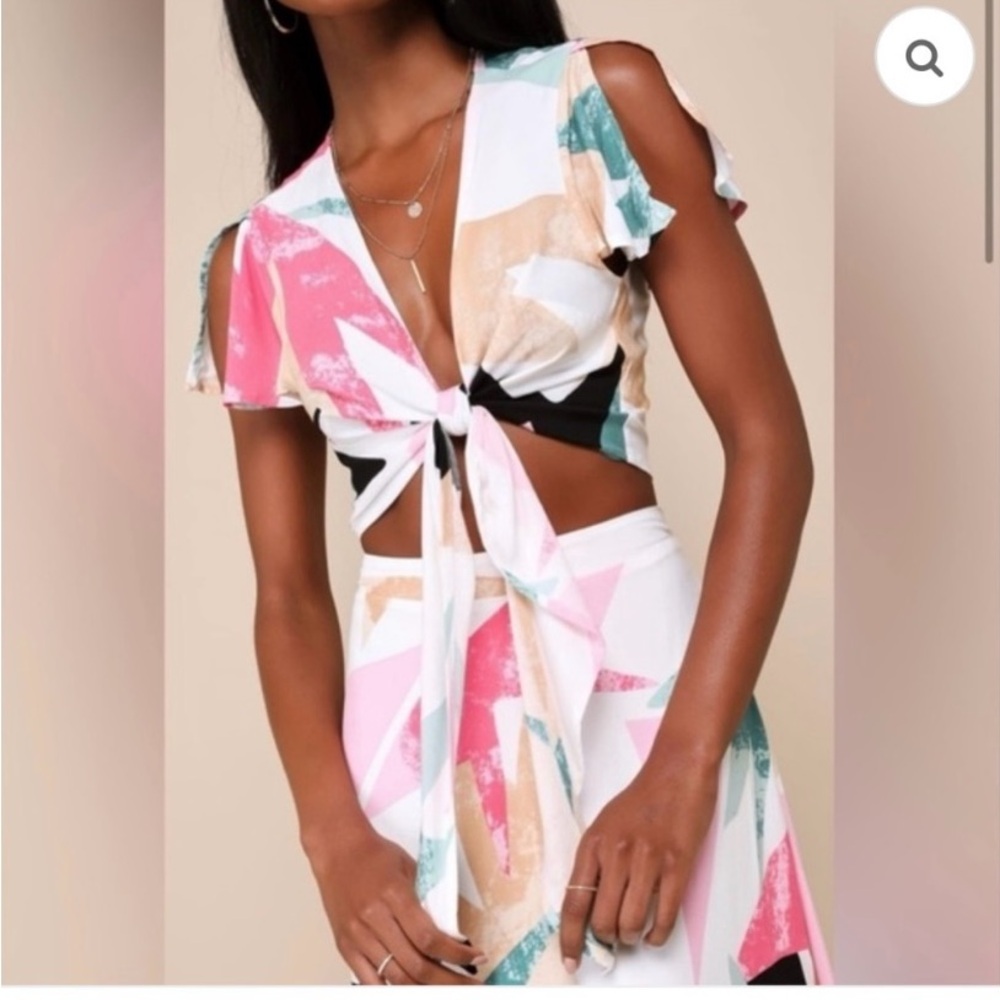 Lulu's White and Pink Midi 2 piece Dress with Cap Sleeves and Tie Front